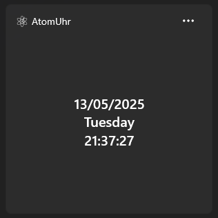 AtomicClock dark Windows widget showing date, weekday and time